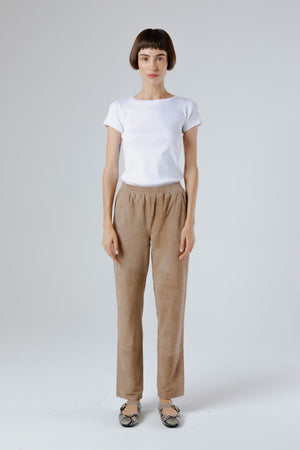 Front view of Gil Suede Trousers Grey Taupe — Italian-made suede trousers in warm grey-beige tone with elastic waistband.