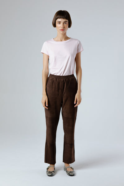 Front view of Gil Suede Trousers Moro — Italian-made suede trousers in deep brown with elastic waistband.