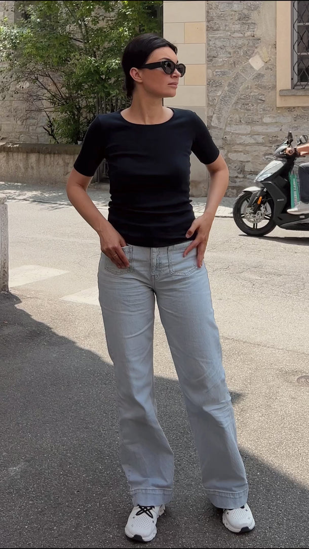 Video of EcoLuxe Laspezia Marine Tee in marine blue, made from 100% Italian premium cotton, styled in an urban city setting